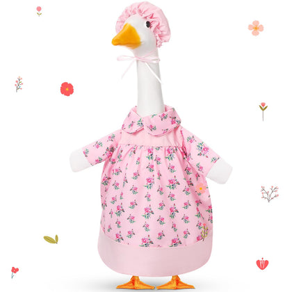 FuWeave pink floral spring goose outfit on a 23-inch lawn goose for outdoor decor