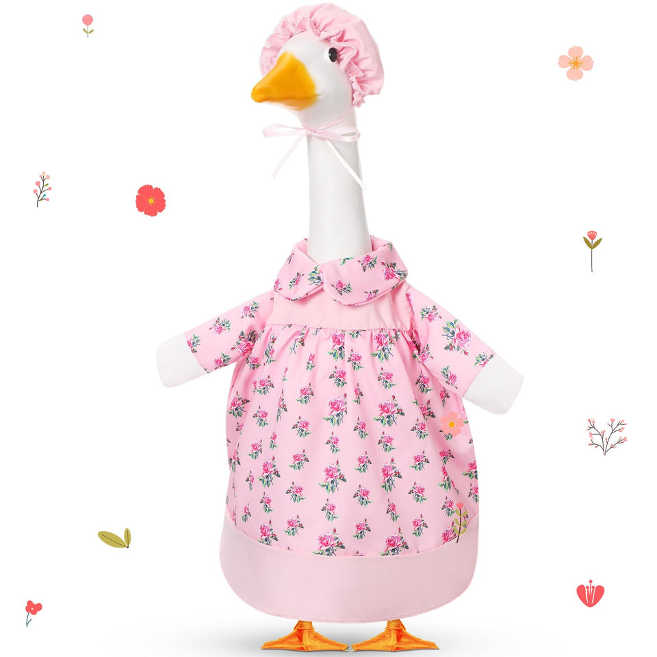 FuWeave pink floral spring goose outfit on a 23-inch lawn goose for outdoor decor