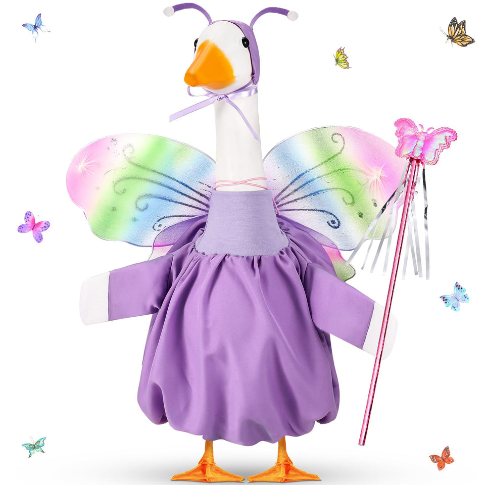 FuWeave goose outfit with butterfly wings enhances outdoor decor
