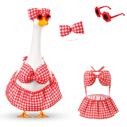 FuWeave Goose Outfit with red plaid bow headdress on a 17-inch goose for curb appeal