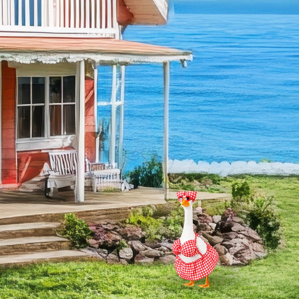 FuWeave red-plaid goose outfit displayed on a lawn statue for seasonal decor