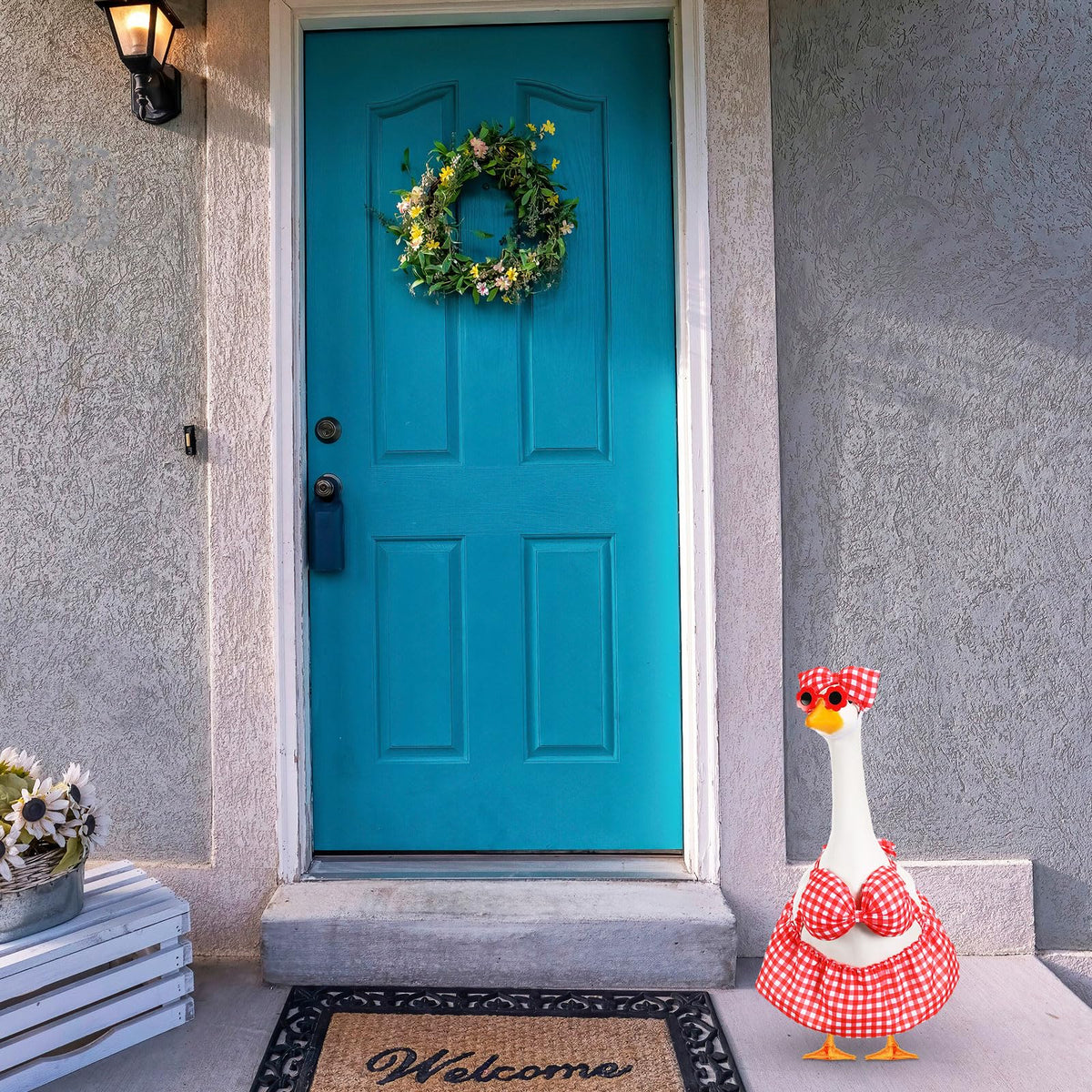 FuWeave outdoor decoration idea featuring a red plaid goose outfit on a garden edge