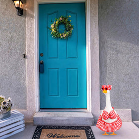 FuWeave outdoor decoration idea featuring a red plaid goose outfit on a garden edge