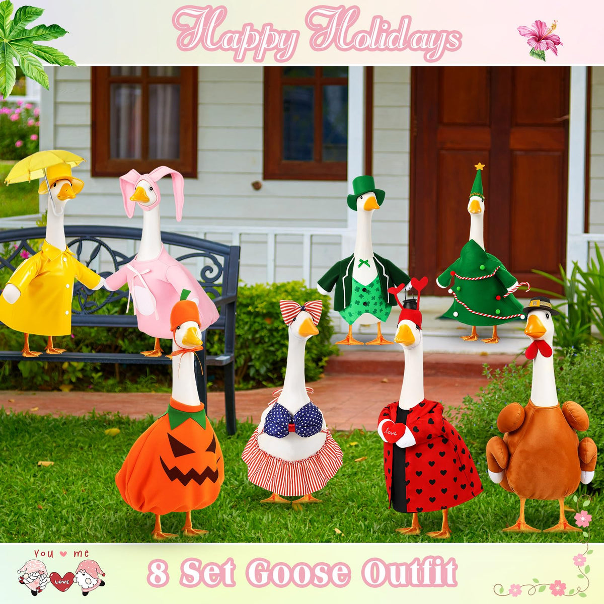 FuWeave Valentine outfit for goose enhances garden display with romantic charm.