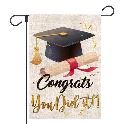 FUYUCHEN Congrats Grad flag front view with diploma-cap design for outdoor celebrations
