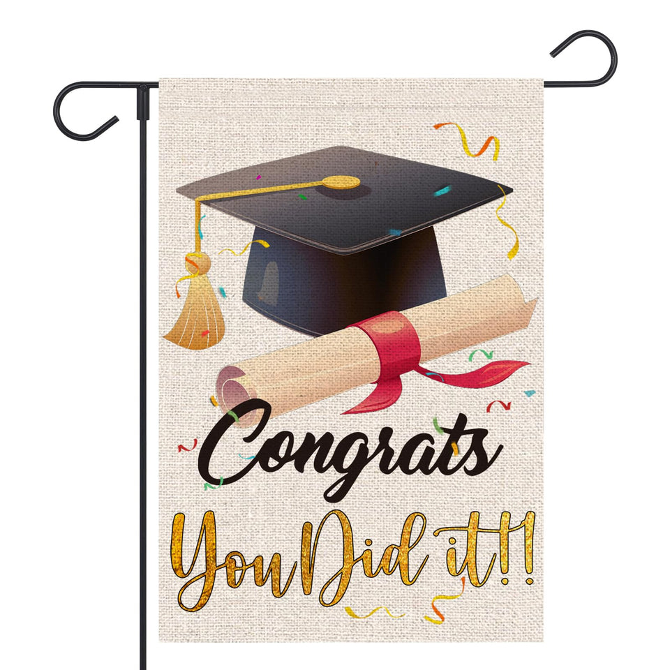 FUYUCHEN Congrats Grad flag front view with diploma-cap design for outdoor celebrations