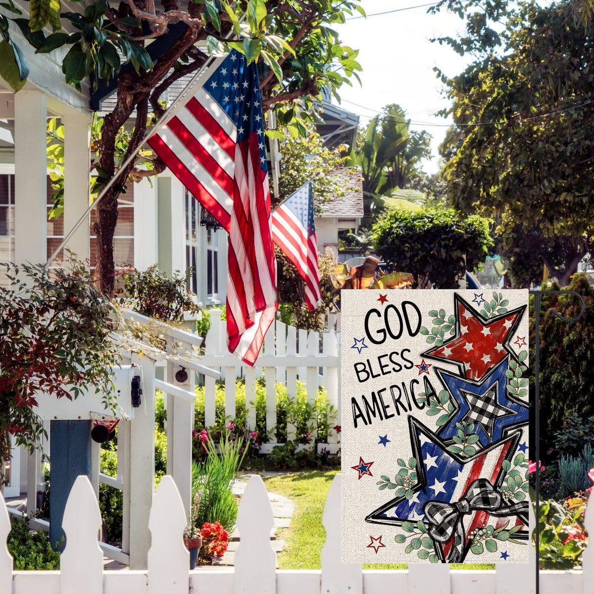 FUYUCHEN patriotic stars with eucalyptus motif on garden flag