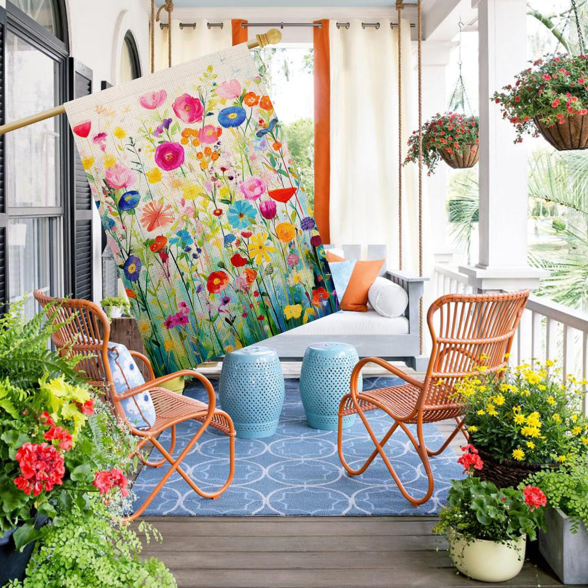 FUYUCHEN Burlap texture flag adds rustic charm to porches.