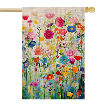 FUYUCHEN Spring flag front view with colorful wildflowers for welcoming spaces.