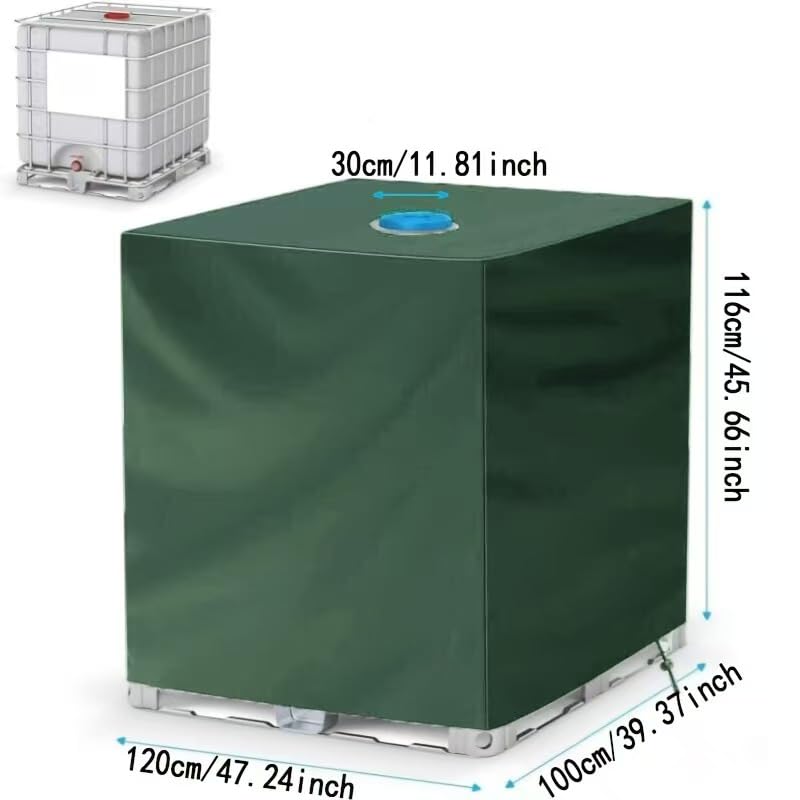 Fuzfaer outdoor green tote cover shields 275 gal water tank from rain and dust.