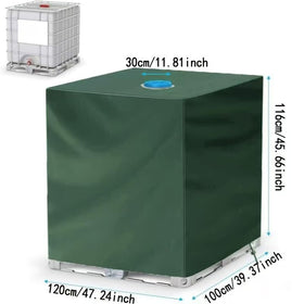 Fuzfaer outdoor green tote cover shields 275 gal water tank from rain and dust.