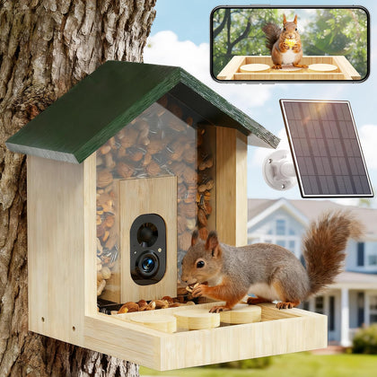 Fuzzipet wooden squirrel feeder with camera provides a clear wide-angle view of backyard visitors.