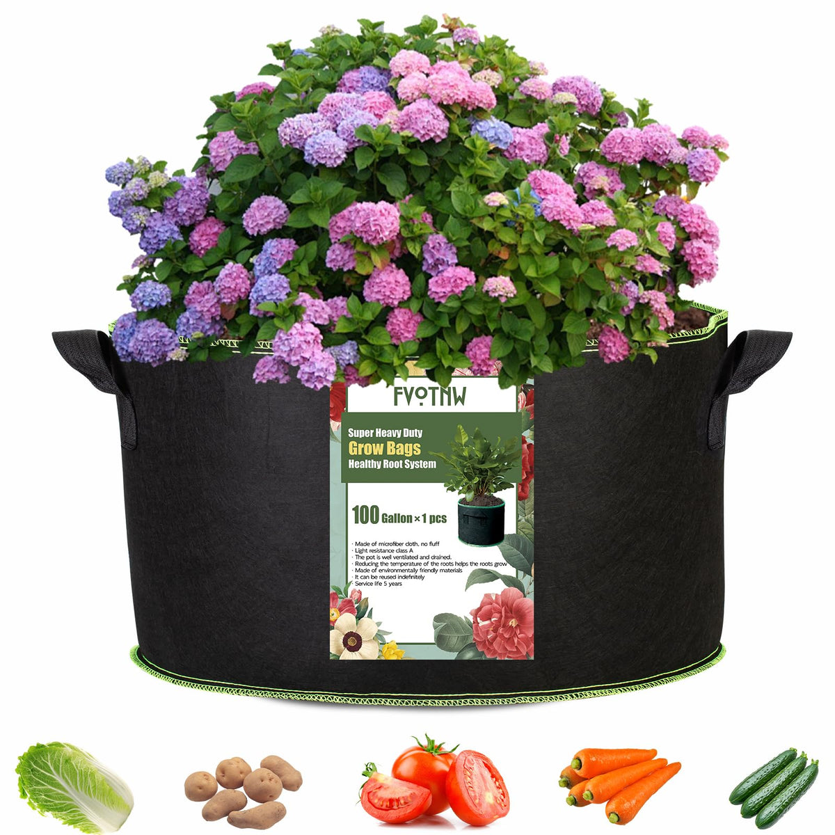 FVOTNW 100-gallon grow bag in use with thriving balcony plants