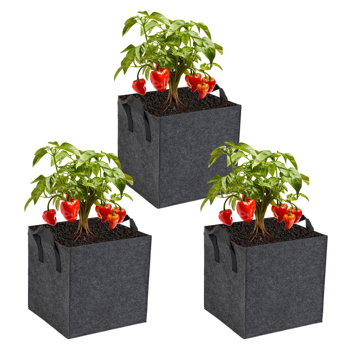 FVOTNW 3-Pack 7-Gallon Grow Bags with reinforced handles for easy balcony gardening.