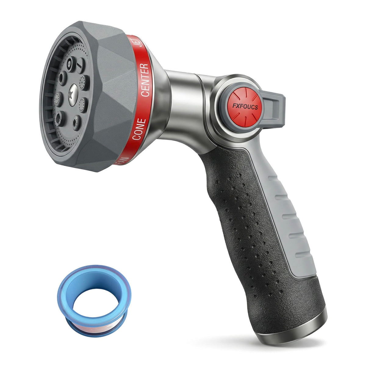 FXFOUCS garden hose nozzle with ergonomic non-slip grip for comfortable watering.