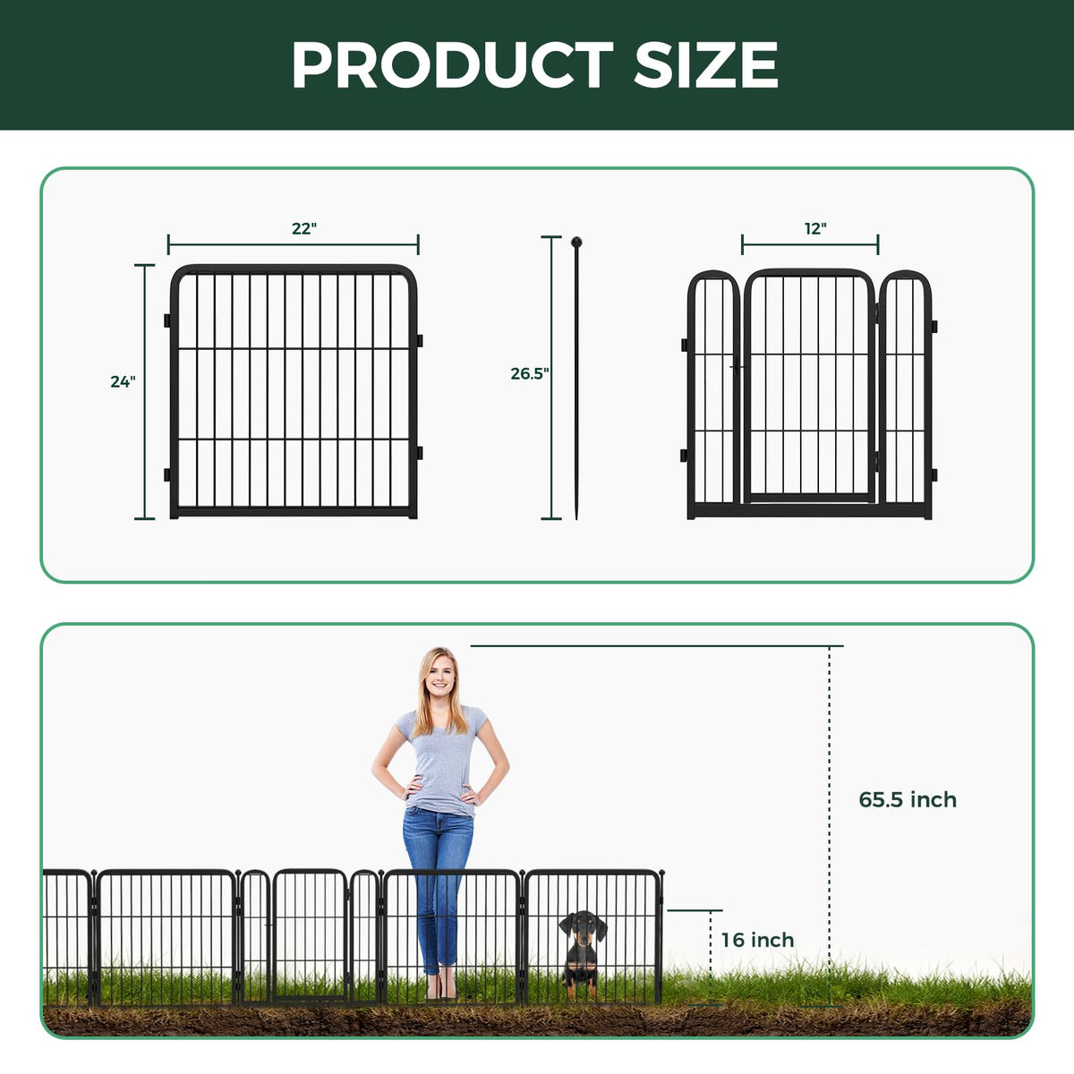 FXW Garden Fence dimension-setup highlights 24in height and 7.6ft length.