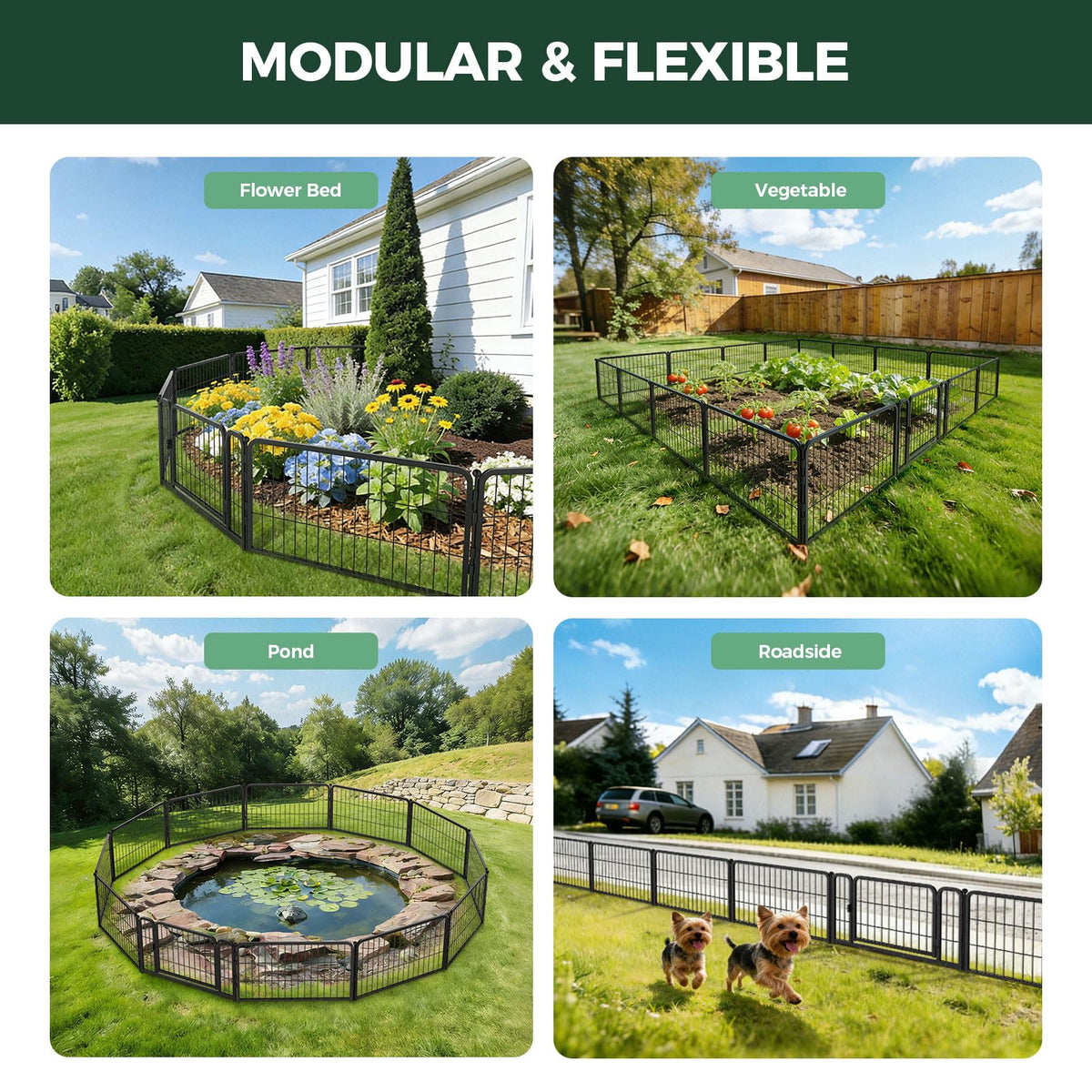 FXW Garden Fence three-panel layout illustrates the 9.8 ft run.