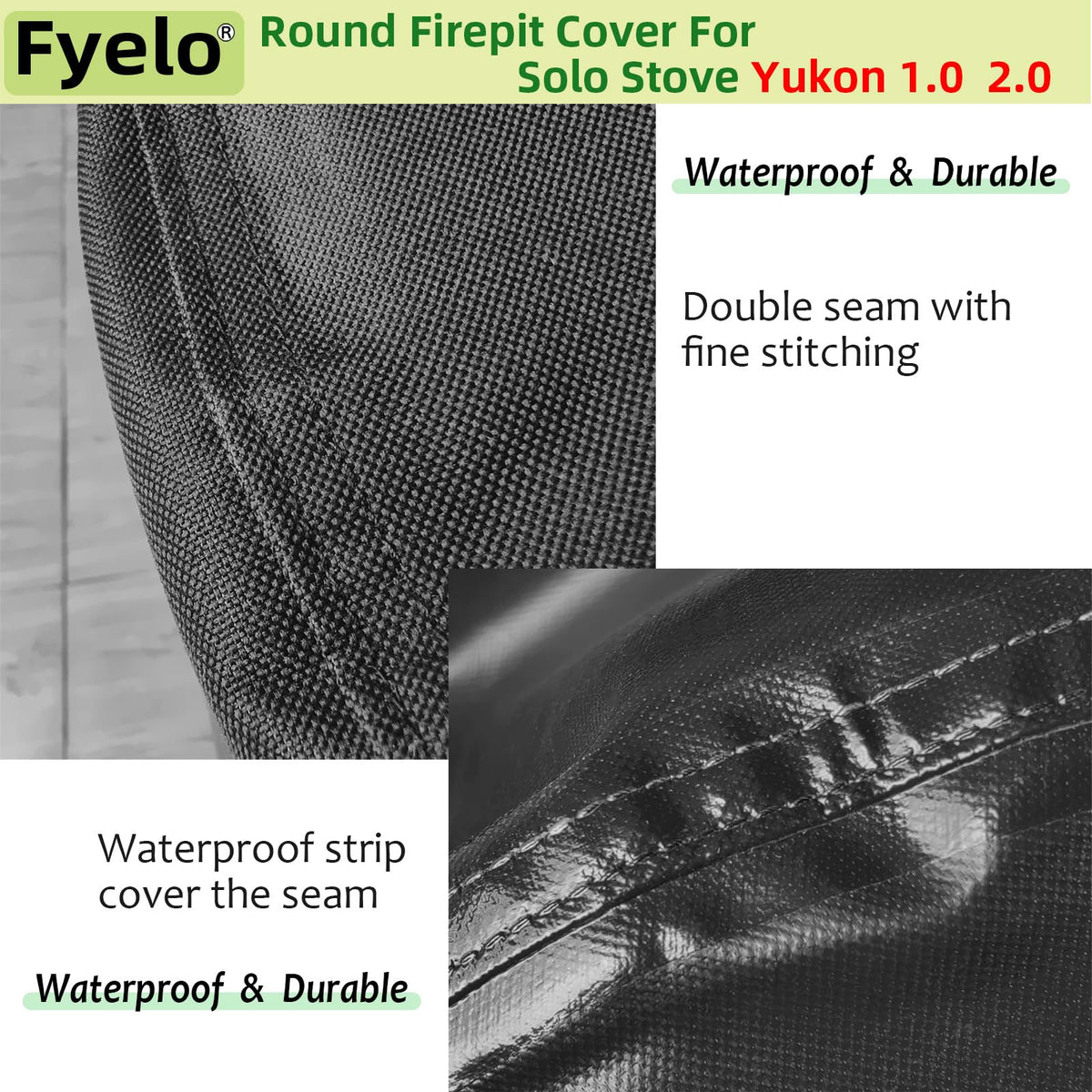 Fyelo Yukon 27-inch cover, close-up stitch, tear resistance for outdoor use.