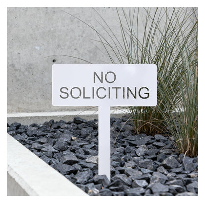 Fynleka No Soliciting sign front view in white steel provides clear privacy signaling.