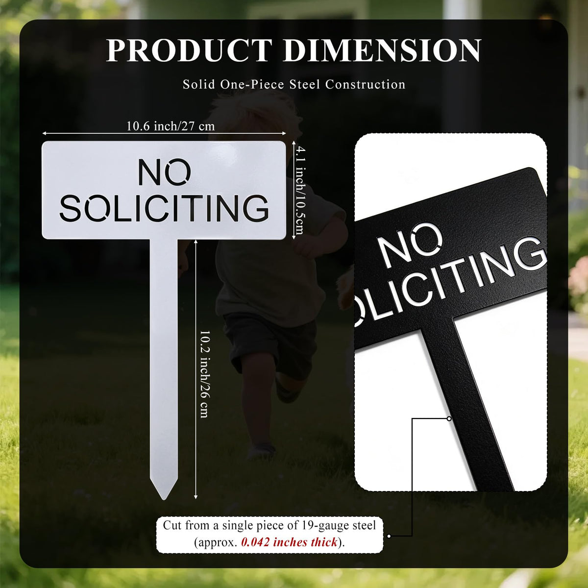 Fynleka No Soliciting sign with ground stake demonstrates tool-free installation.