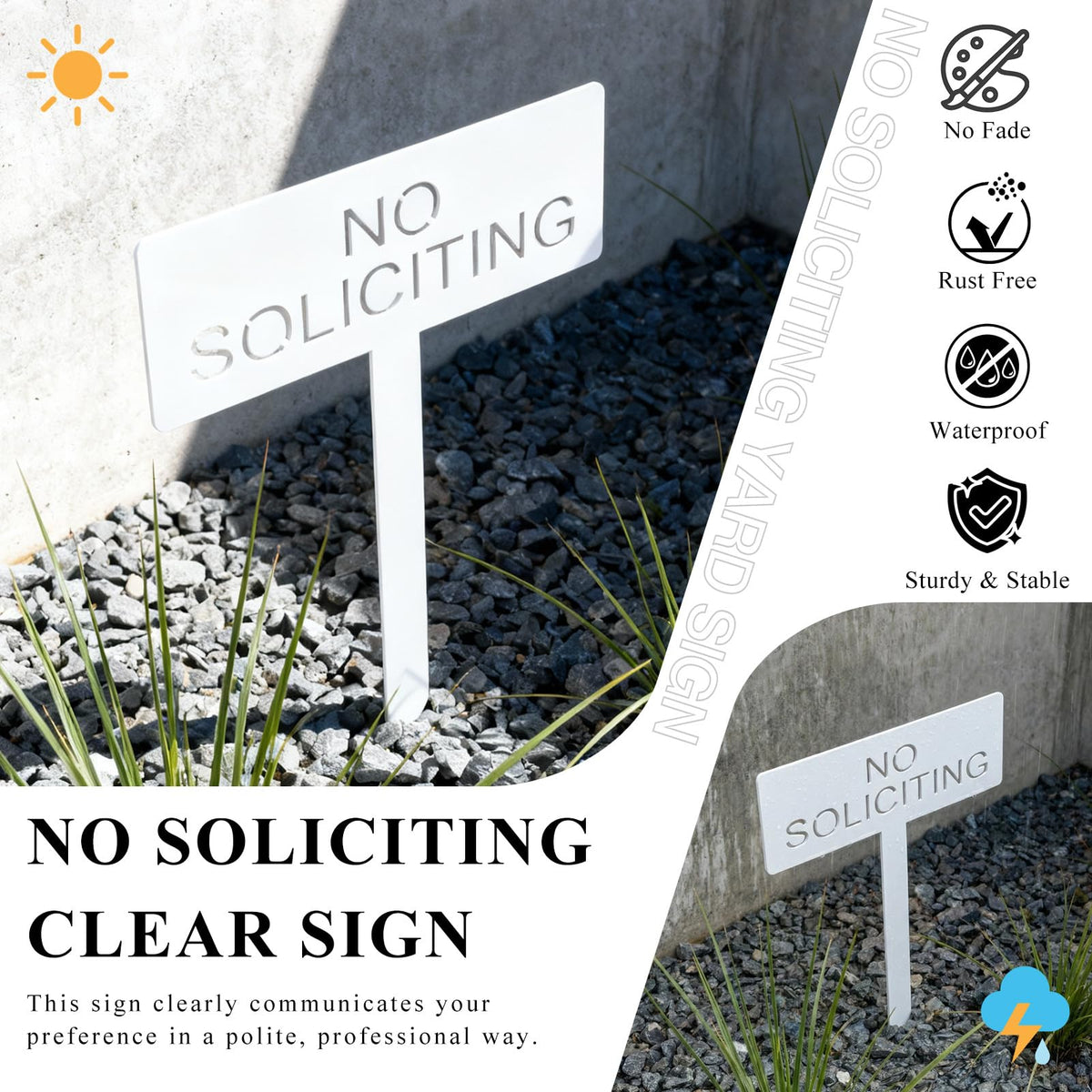 Fynleka No Soliciting sign in planter blends with modern exteriors.