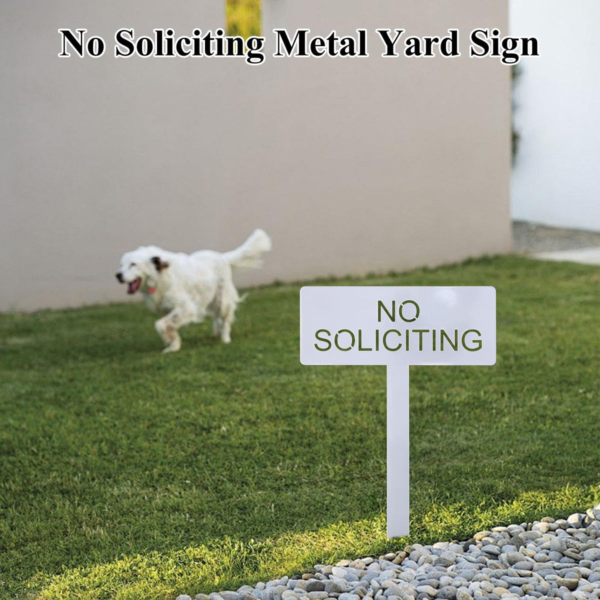 Fynleka No Soliciting sign side view highlights sturdy steel construction for outdoors.