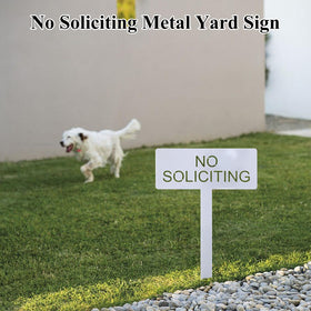 Fynleka No Soliciting sign side view highlights sturdy steel construction for outdoors.