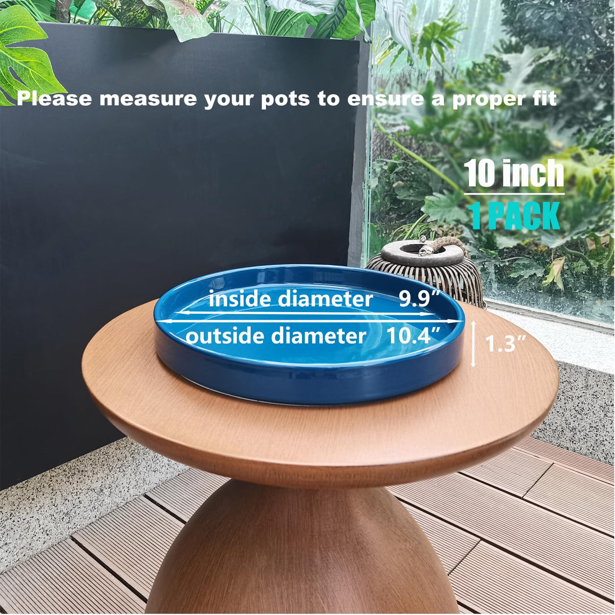 Fzfeiyy ceramic plant saucer 9-inch blue blends with decor while preventing water damage.