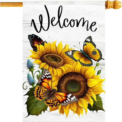 FZMHASLWW flag front shows bright sunflowers and butterflies for a welcoming outdoor display