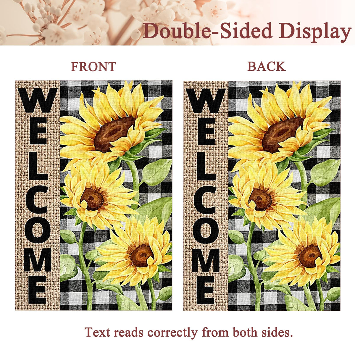 FZMHASLWW sunflower flag close-up detail highlights bright petals against plaid