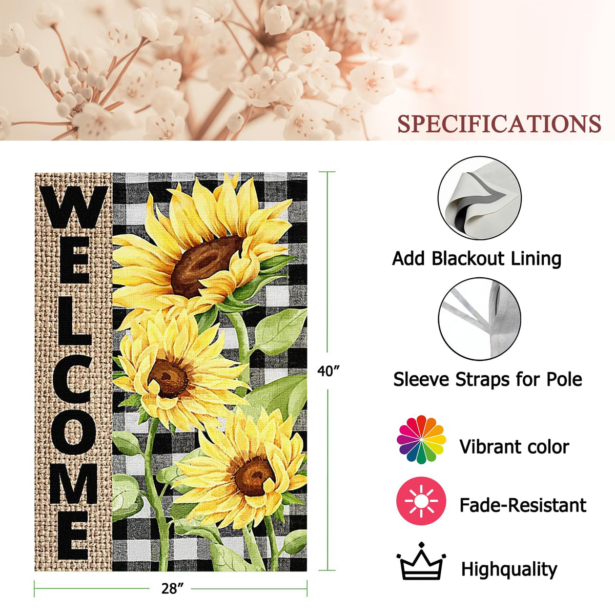 FZMHASLWW sunflower flag back view shows identical imagery and messaging