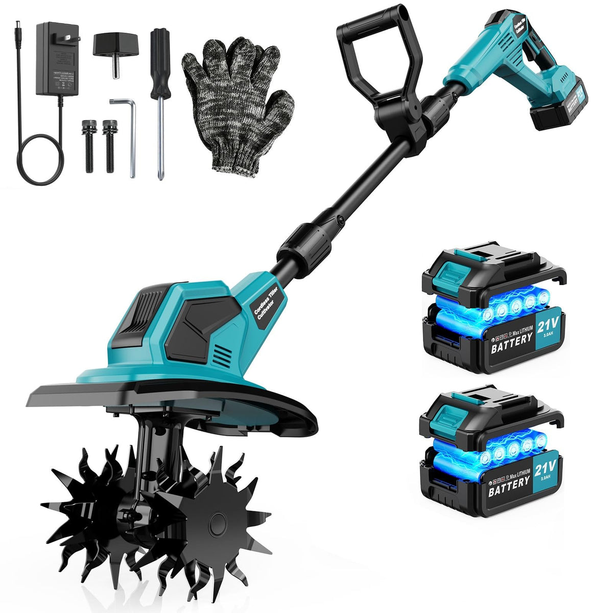 FzzboFlow cordless tiller operates at 360 RPM for quick soil prep.