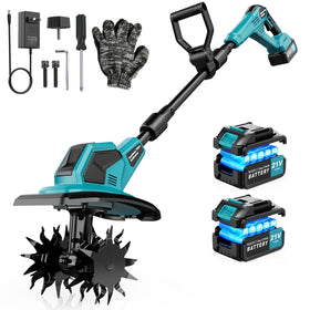 FzzboFlow cordless tiller operates at 360 RPM for quick soil prep.
