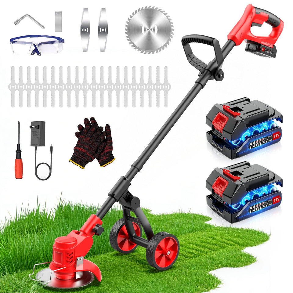 FzzboFlow cordless weed wacker with wheels for easy edging around lawns.