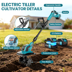 FzzboFlow tiller covers 9-inch width and 6.7-inch depth for bed prep.