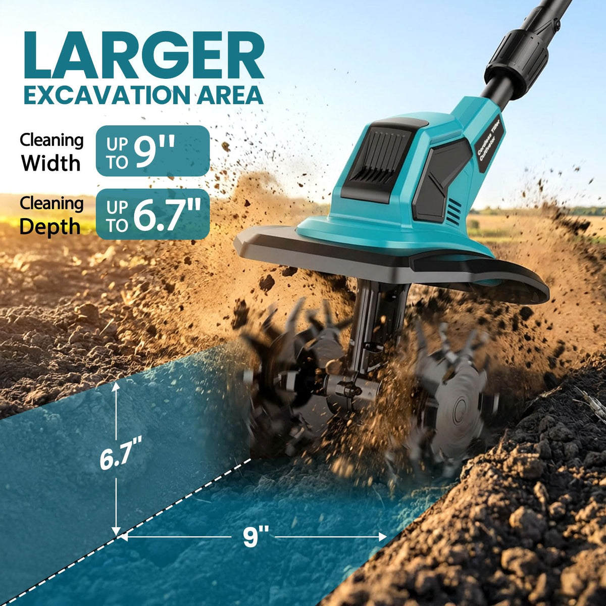 FzzboFlow with two 3000mAh batteries enables longer cordless tilling sessions.