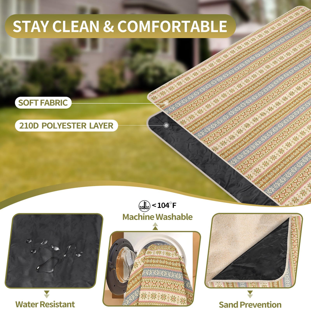 G GOOD GAIN picnic blanket adjustable straps enable hands-free transport.