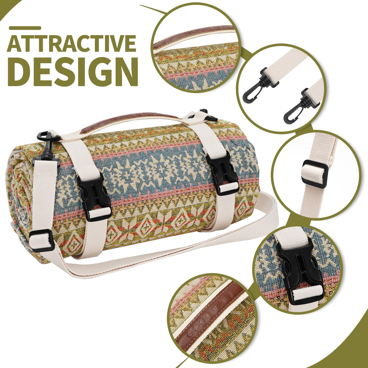 G GOOD GAIN picnic blanket with waterproof backing protects from damp grass.
