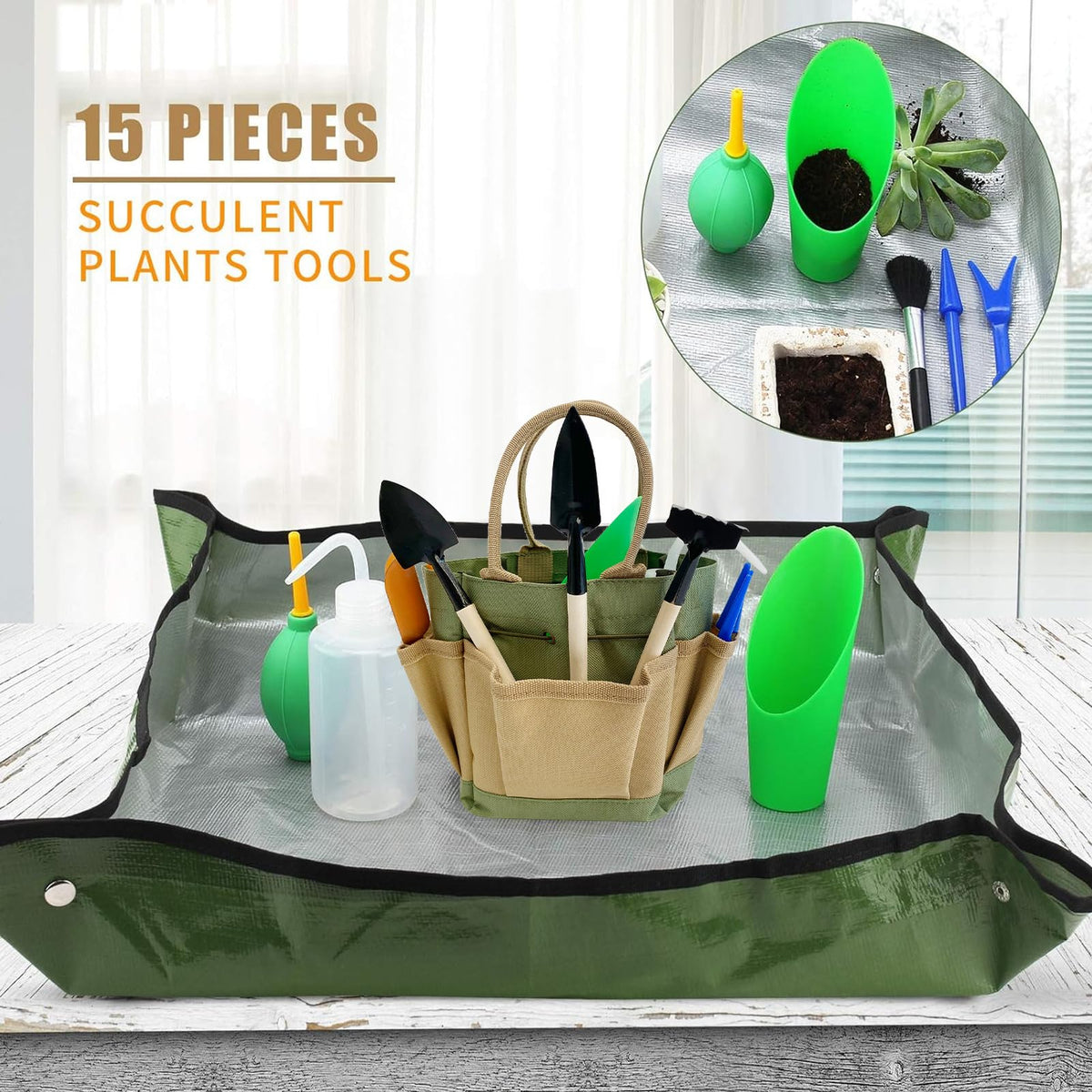 G GOOD GAIN shovel, rake, and spade tools for small plant care tasks.