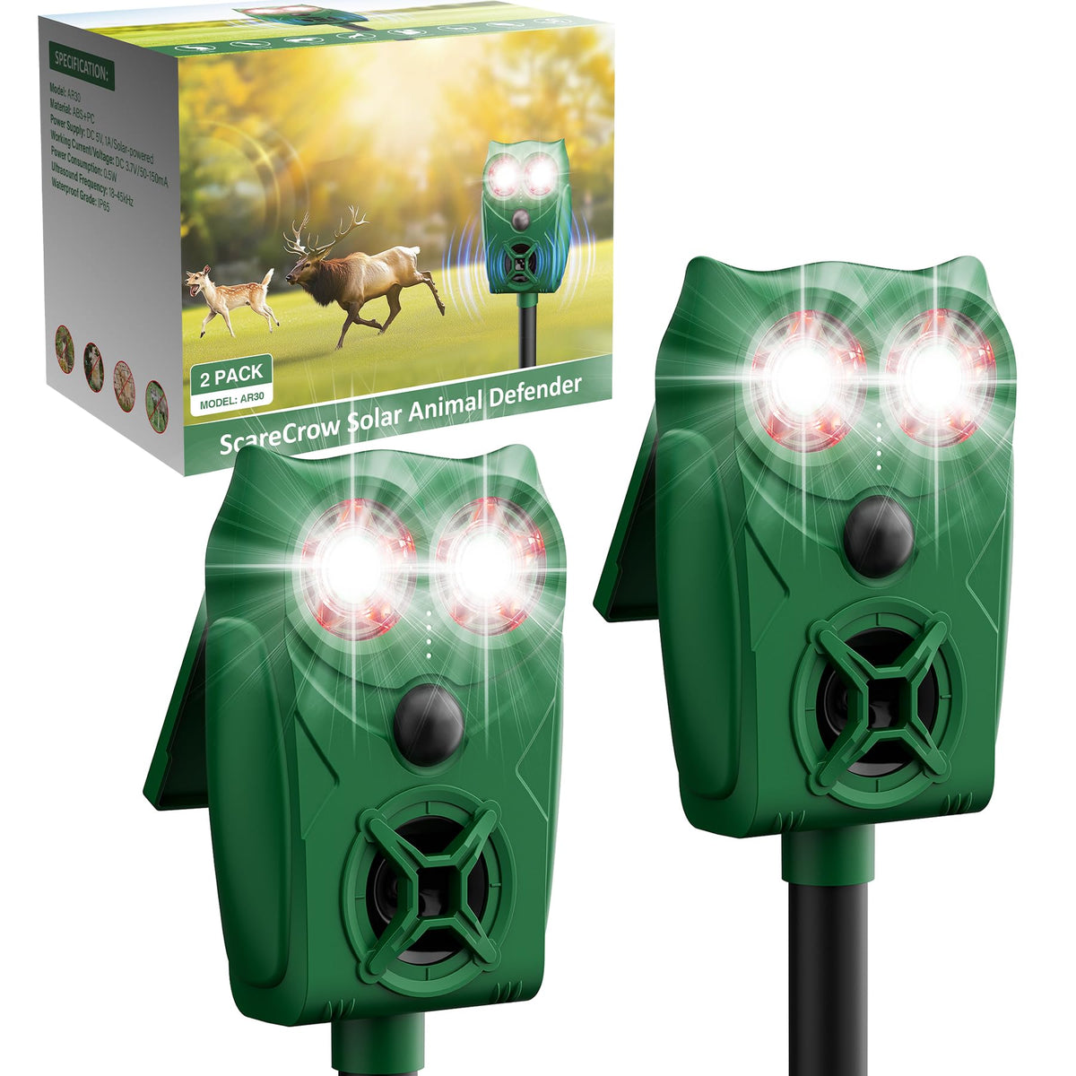 G-Jyuncyou solar ultrasonic animal repellent front view deters deer and raccoons.