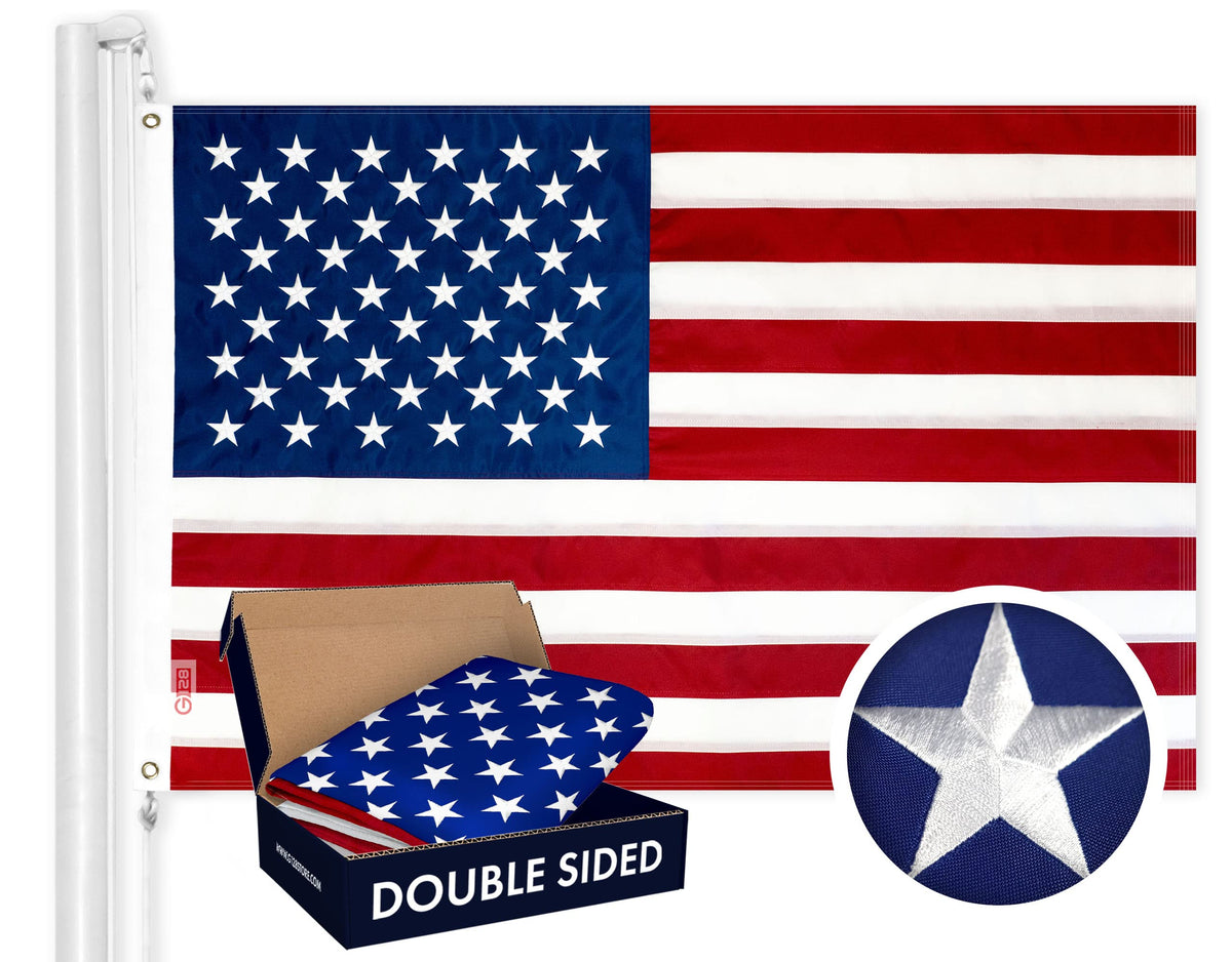 G128 American flag 3x5 ft with full view, double-sided embroidery for outdoor display.