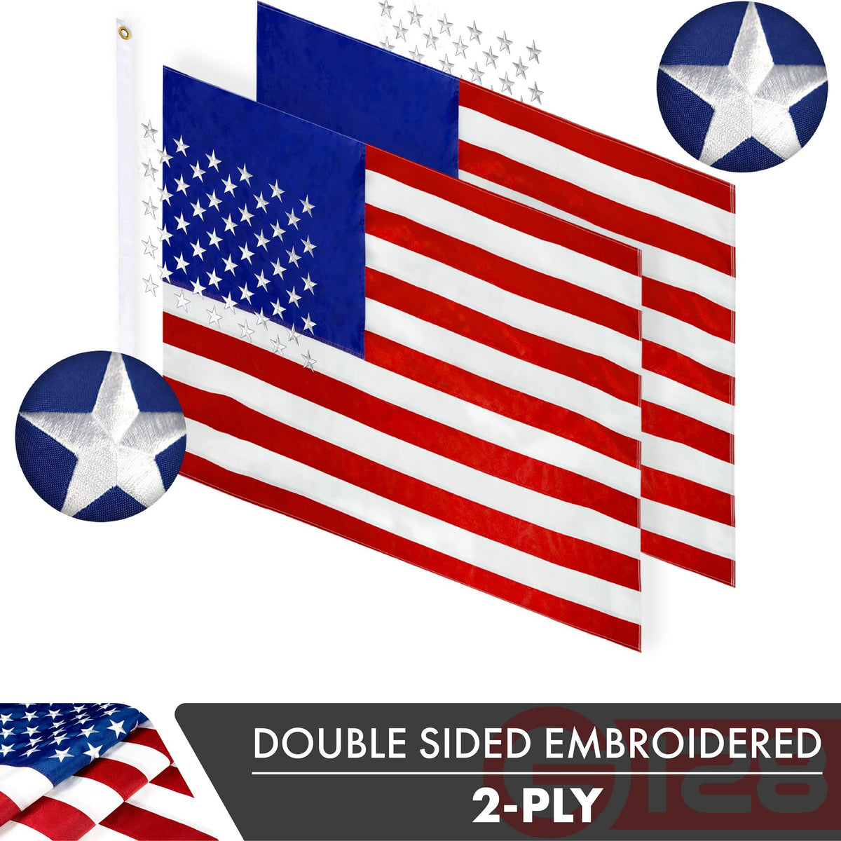 G128 flag close-up showing embroidered stars on both sides for crisp detail.