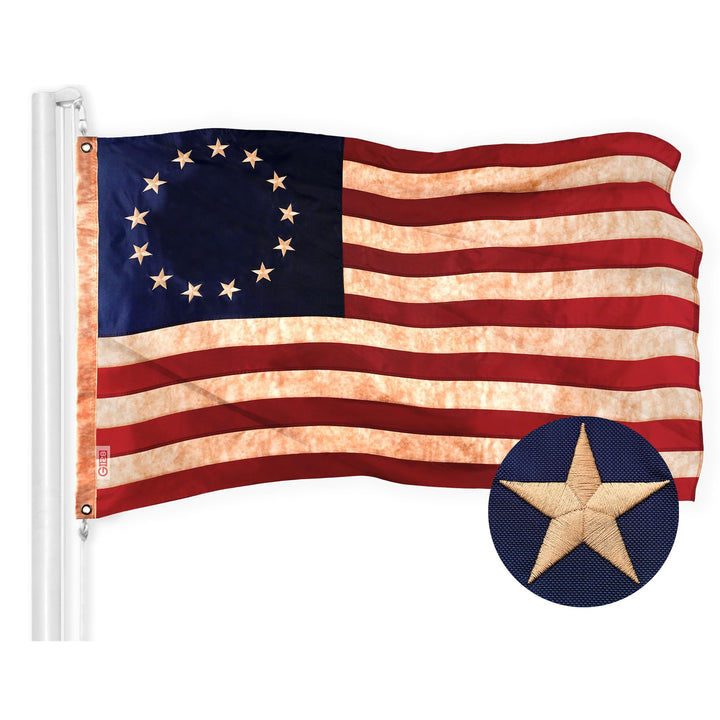 G128 Betsy Ross Tea-Stained Flag viewed from the fly side with vibrant embroidery