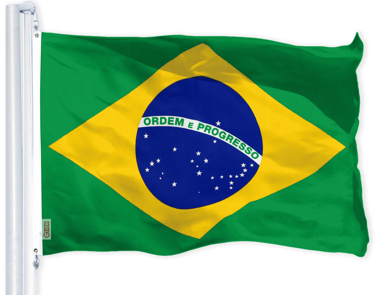 G128 Brazil flag 3x5 ft in LiteWeave polyester, ideal for indoors and outdoors.