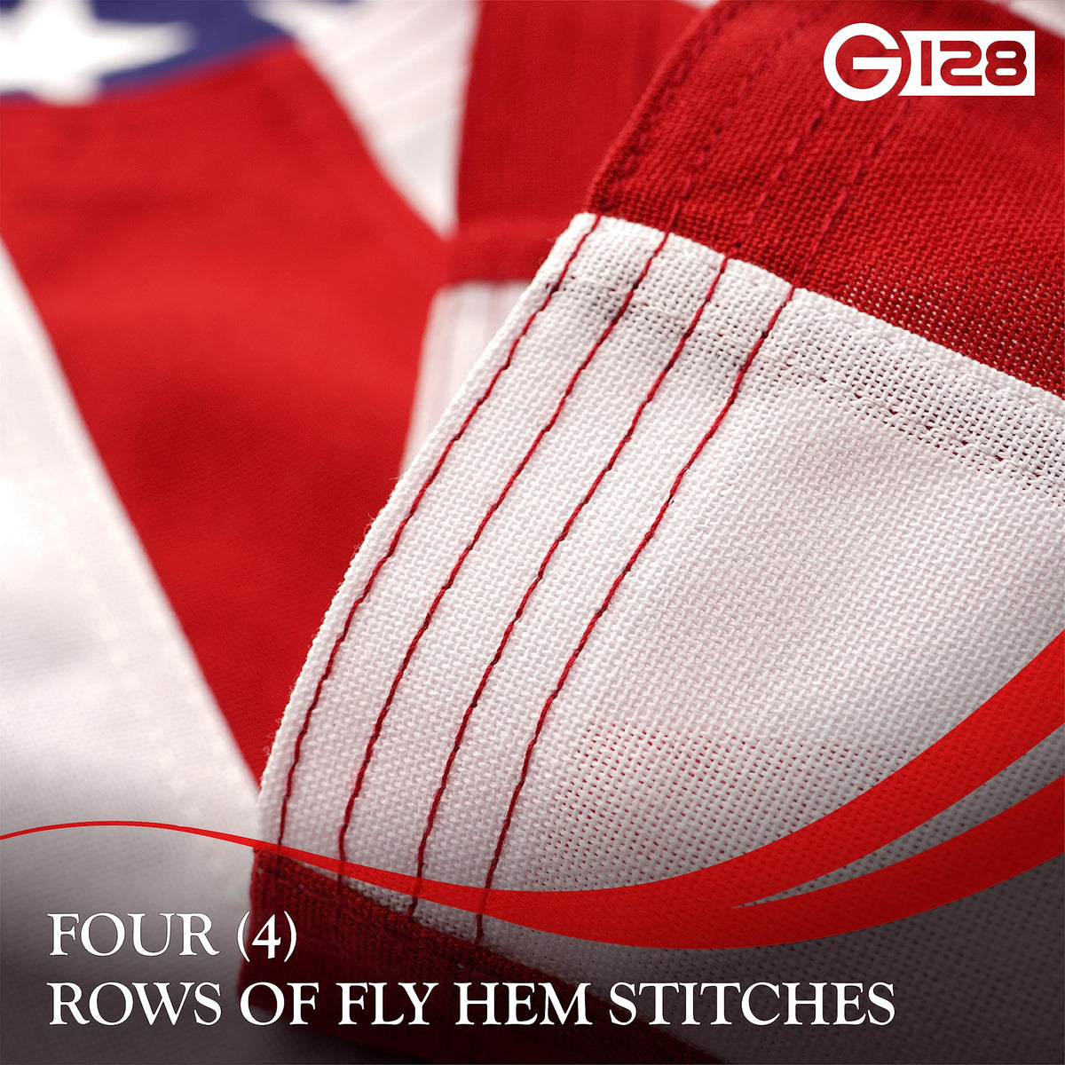 G128 flag with four-row lock stitching reduces wear along the fly hem.