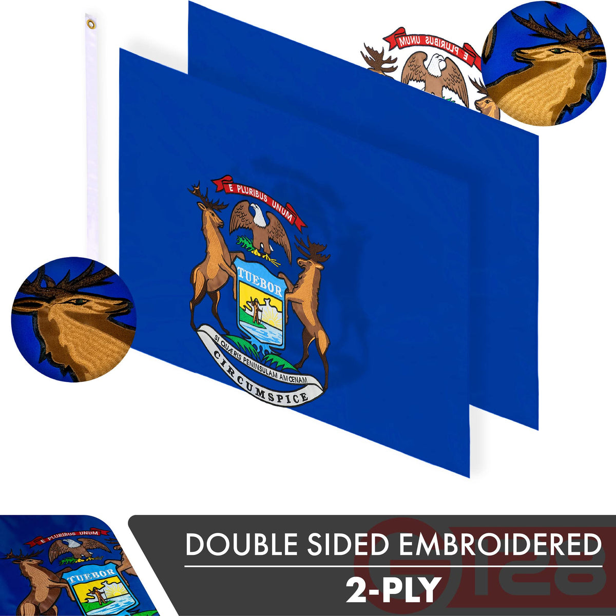 G128 double-toughweave flag embroidery on both sides for indoor and outdoor use.