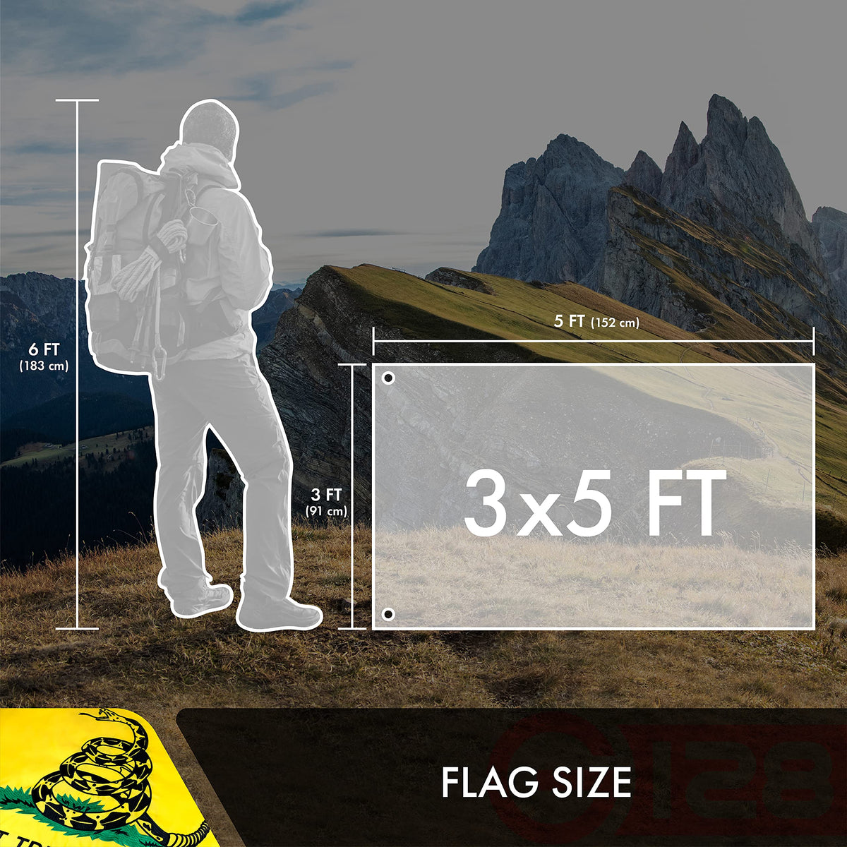 G128 Gadsden flag 210D polyester fabric delivers sturdy visual impact