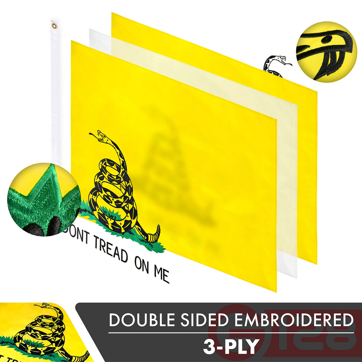 G128 Gadsden flag embroidery detail highlights precise stitching on both faces