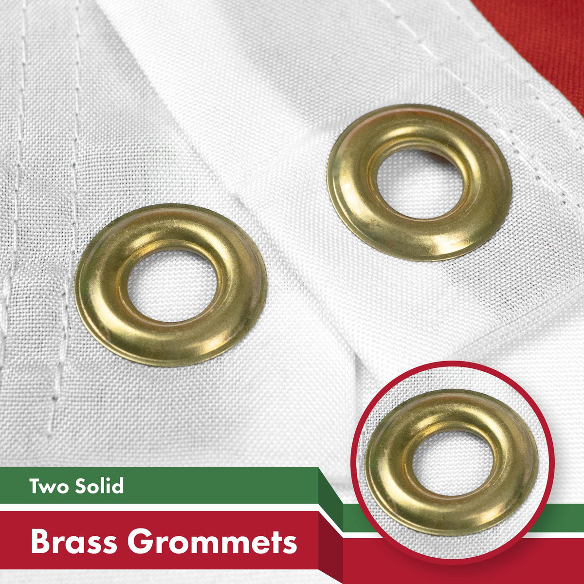 G128 Iran flag brass grommets closeup for durable outdoor hanging