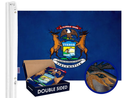 G128 Michigan State flag, 3x5 foot, double-sided embroidery for outdoor display.
